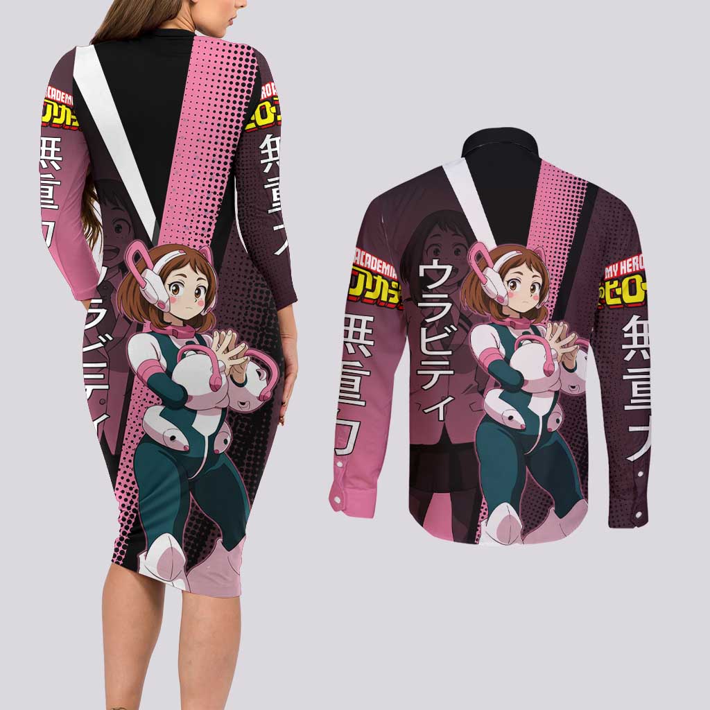 Ochaco Uraraka Uravity Couples Matching Long Sleeve Bodycon Dress and Long Sleeve Button Shirt Japanese Comic Book Style