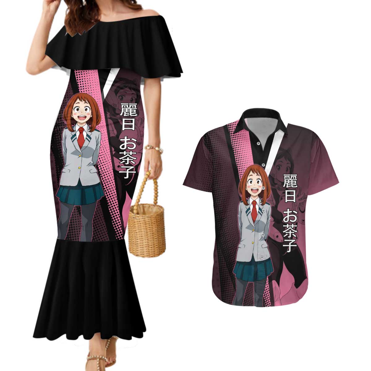 Ochaco Uraraka Uravity Couples Matching Mermaid Dress and Hawaiian Shirt Japanese Comic Book Style