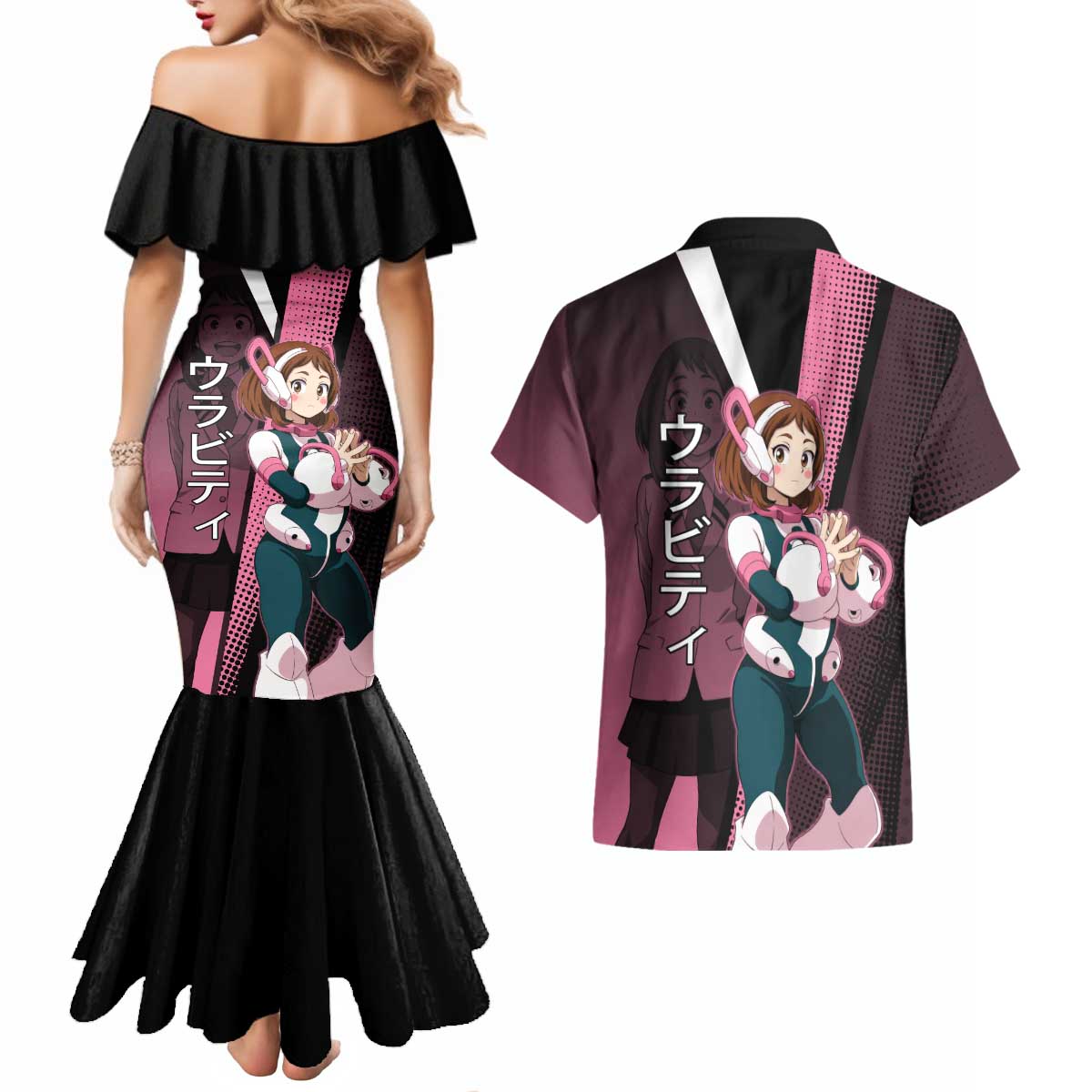 Ochaco Uraraka Uravity Couples Matching Mermaid Dress and Hawaiian Shirt Japanese Comic Book Style