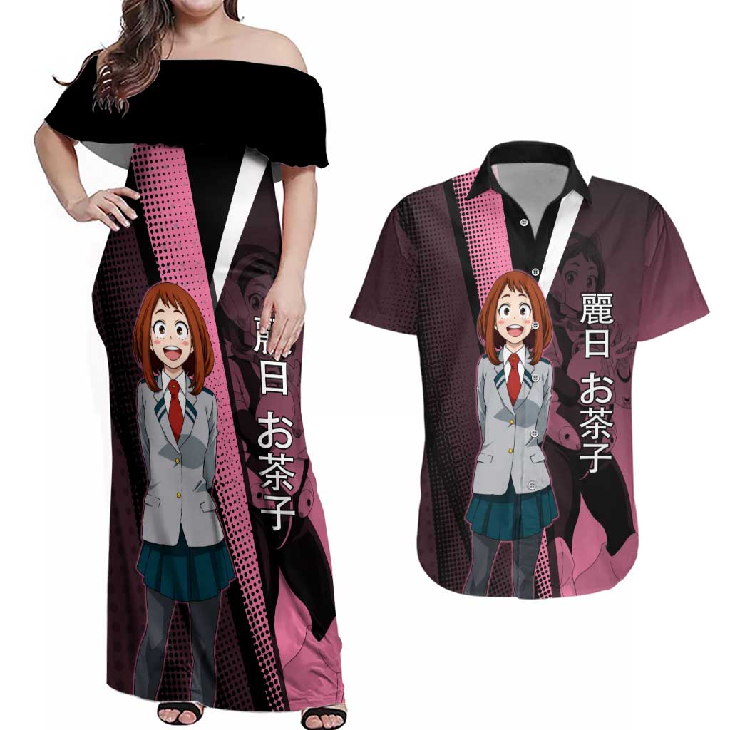 Ochaco Uraraka Uravity Couples Matching Off Shoulder Maxi Dress and Hawaiian Shirt Japanese Comic Book Style