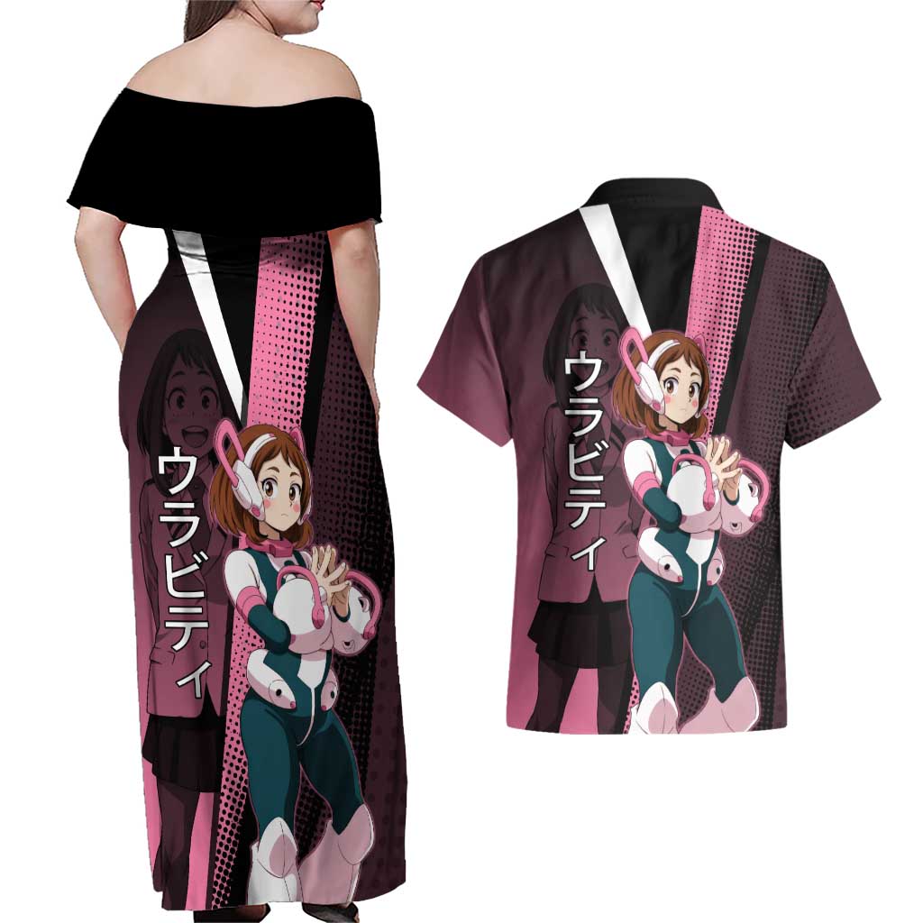 Ochaco Uraraka Uravity Couples Matching Off Shoulder Maxi Dress and Hawaiian Shirt Japanese Comic Book Style