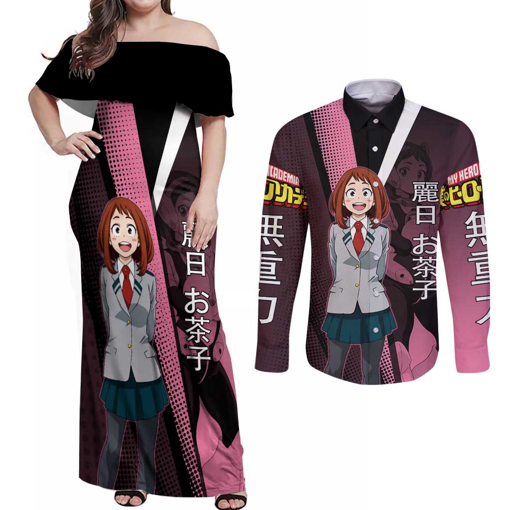 Ochaco Uraraka Uravity Couples Matching Off Shoulder Maxi Dress and Long Sleeve Button Shirt Japanese Comic Book Style