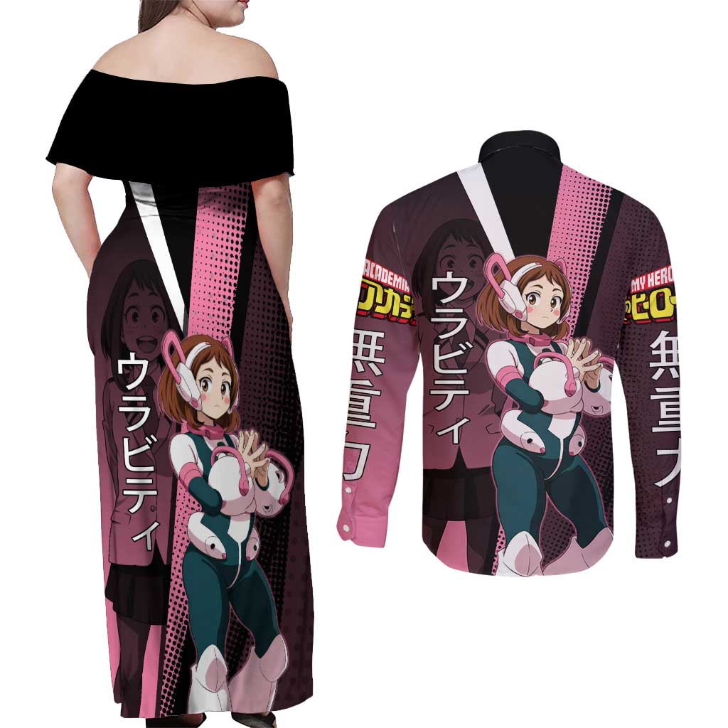 Ochaco Uraraka Uravity Couples Matching Off Shoulder Maxi Dress and Long Sleeve Button Shirt Japanese Comic Book Style
