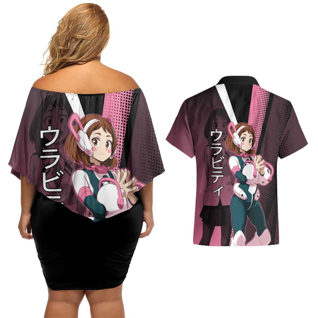 Ochaco Uraraka Uravity Couples Matching Off Shoulder Short Dress and Hawaiian Shirt Japanese Comic Book Style