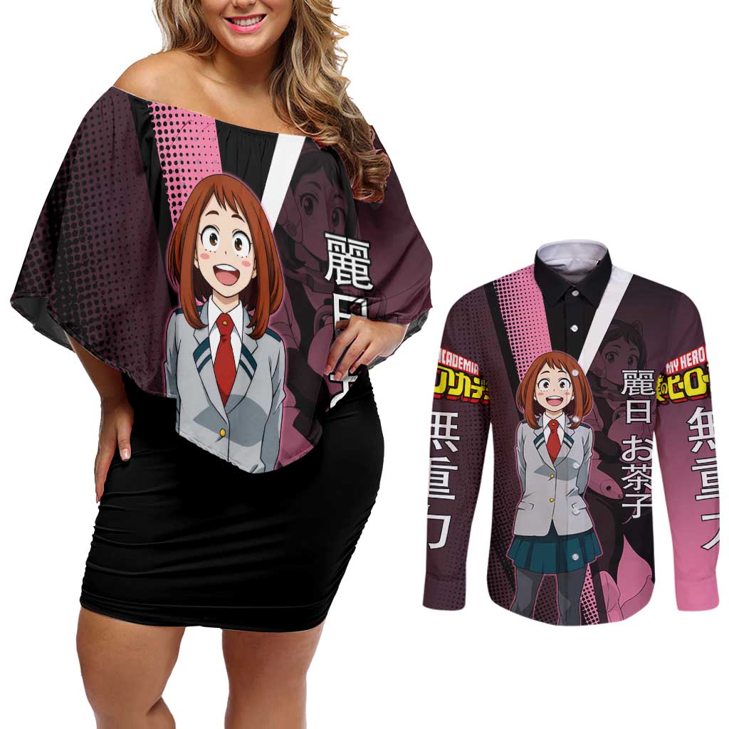 Ochaco Uraraka Uravity Couples Matching Off Shoulder Short Dress and Long Sleeve Button Shirt Japanese Comic Book Style