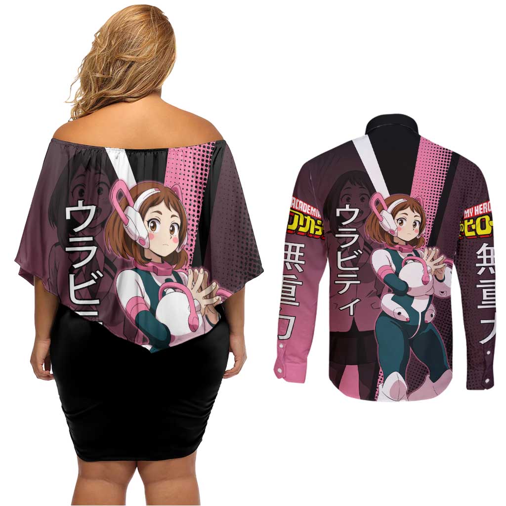 Ochaco Uraraka Uravity Couples Matching Off Shoulder Short Dress and Long Sleeve Button Shirt Japanese Comic Book Style