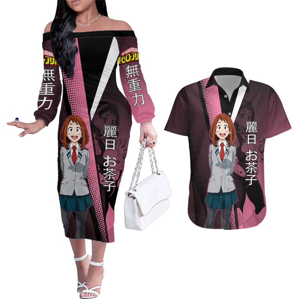 Ochaco Uraraka Uravity Couples Matching Off The Shoulder Long Sleeve Dress and Hawaiian Shirt Japanese Comic Book Style