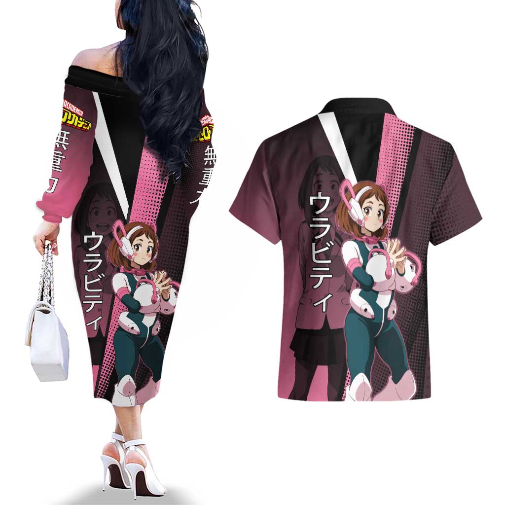 Ochaco Uraraka Uravity Couples Matching Off The Shoulder Long Sleeve Dress and Hawaiian Shirt Japanese Comic Book Style