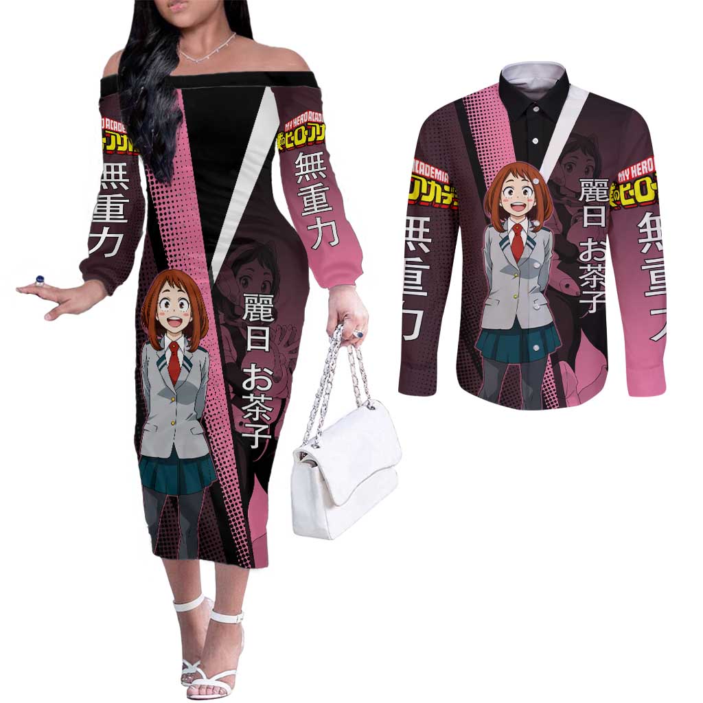 Ochaco Uraraka Uravity Couples Matching Off The Shoulder Long Sleeve Dress and Long Sleeve Button Shirt Japanese Comic Book Style