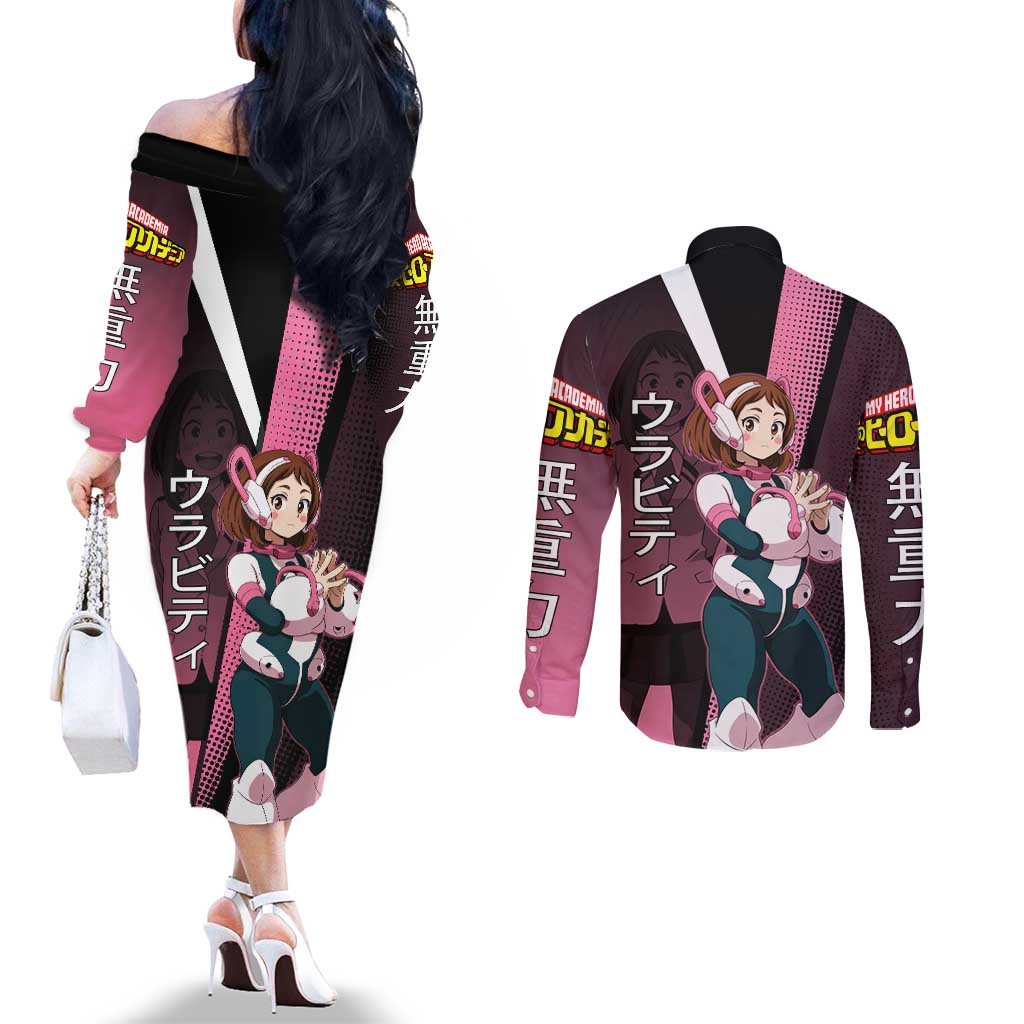 Ochaco Uraraka Uravity Couples Matching Off The Shoulder Long Sleeve Dress and Long Sleeve Button Shirt Japanese Comic Book Style