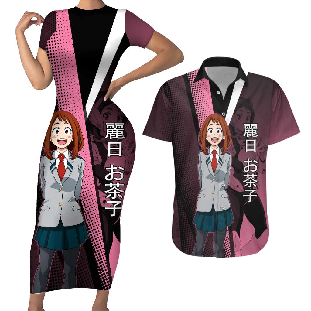 Ochaco Uraraka Uravity Couples Matching Short Sleeve Bodycon Dress and Hawaiian Shirt Japanese Comic Book Style