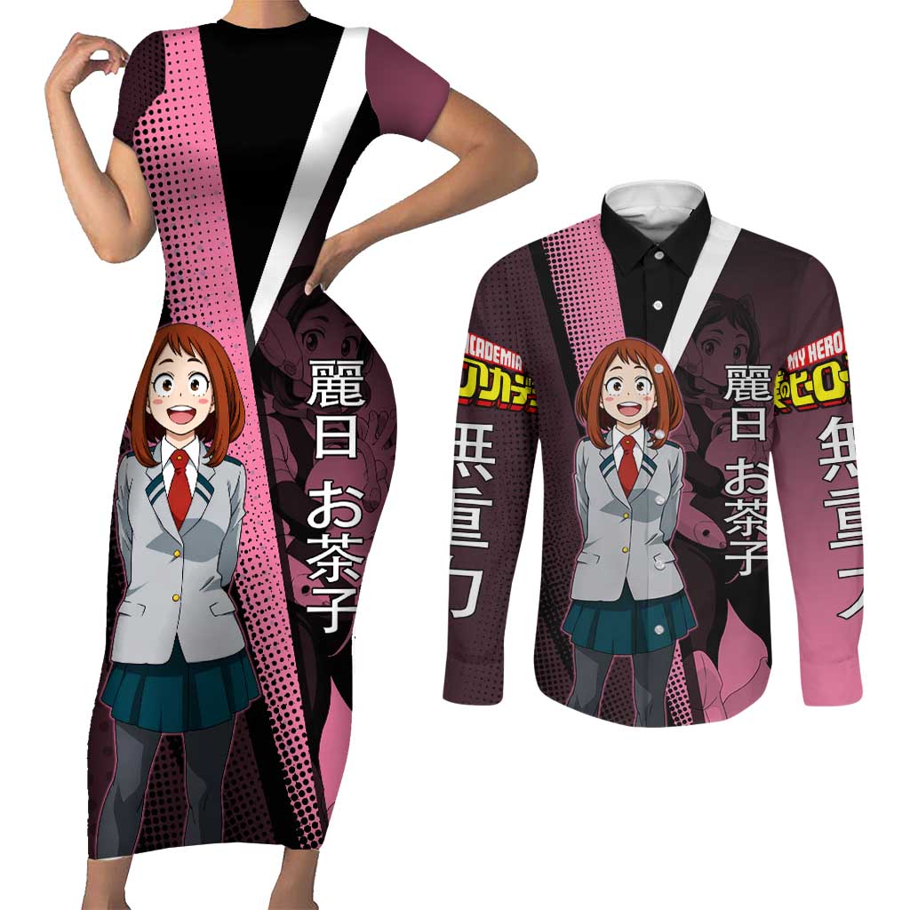 Ochaco Uraraka Uravity Couples Matching Short Sleeve Bodycon Dress and Long Sleeve Button Shirt Japanese Comic Book Style