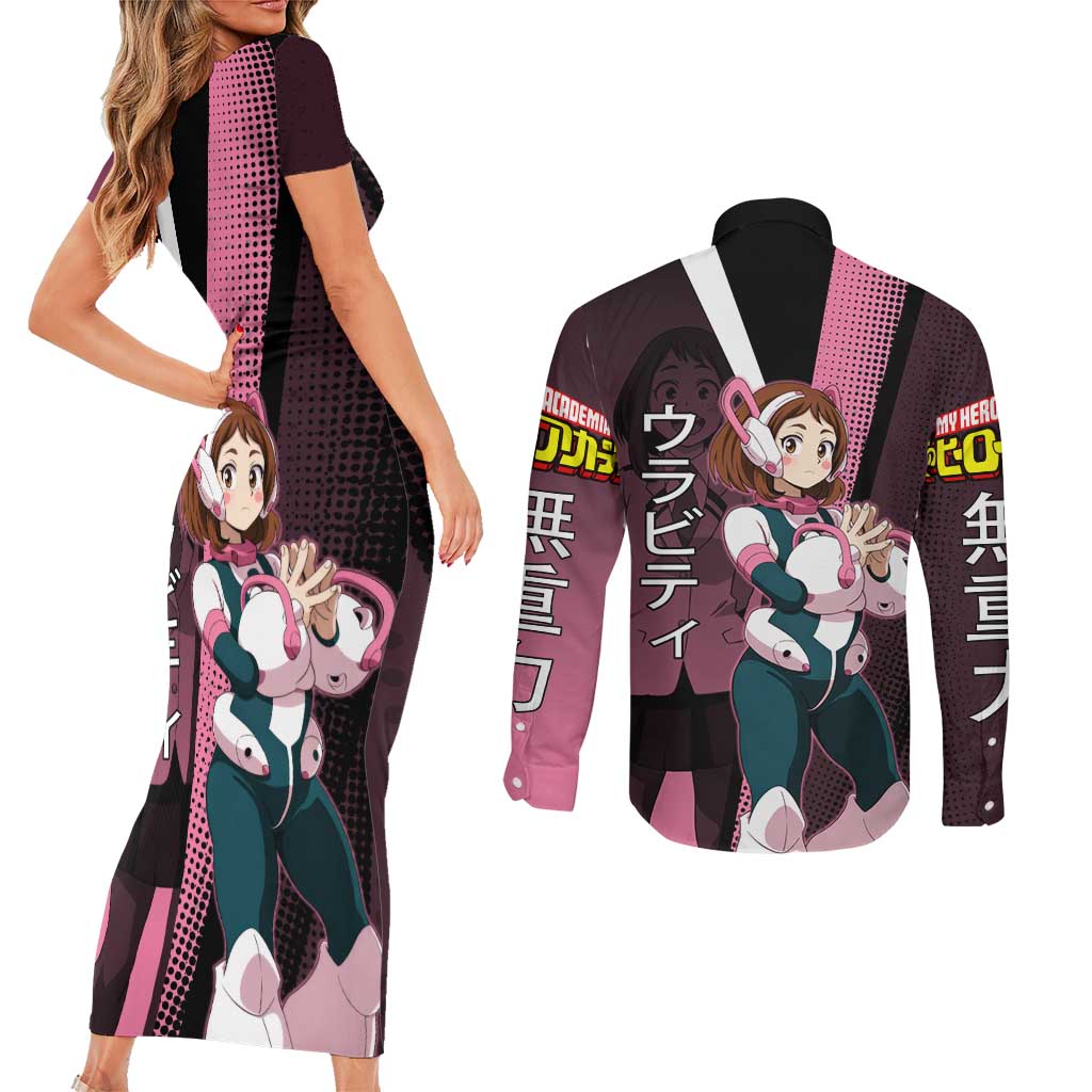 Ochaco Uraraka Uravity Couples Matching Short Sleeve Bodycon Dress and Long Sleeve Button Shirt Japanese Comic Book Style