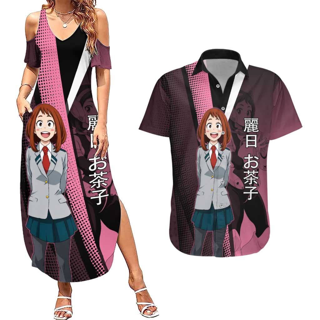 Ochaco Uraraka Uravity Couples Matching Summer Maxi Dress and Hawaiian Shirt Japanese Comic Book Style