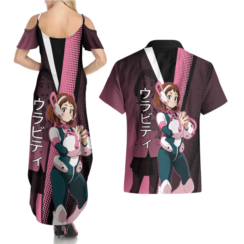 Ochaco Uraraka Uravity Couples Matching Summer Maxi Dress and Hawaiian Shirt Japanese Comic Book Style