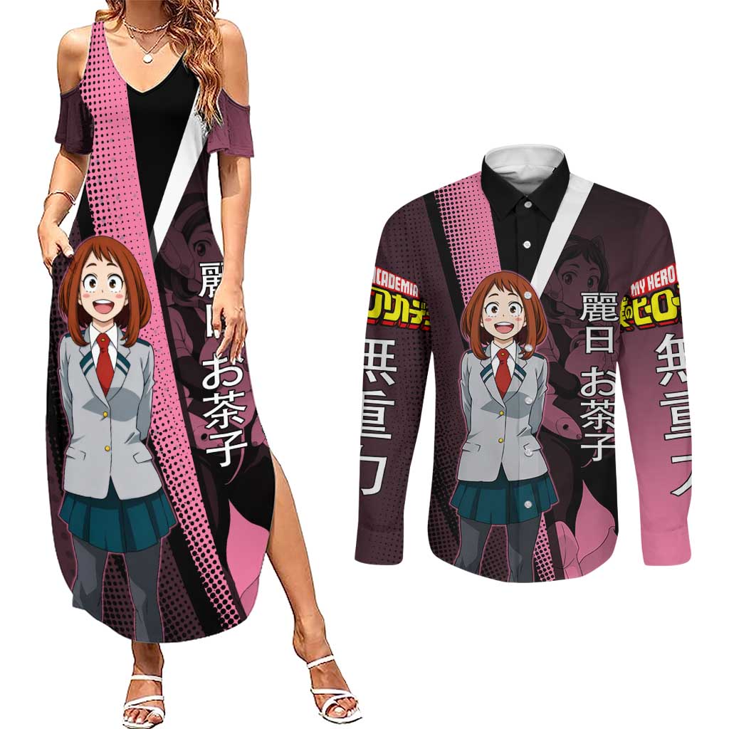 Ochaco Uraraka Uravity Couples Matching Summer Maxi Dress and Long Sleeve Button Shirt Japanese Comic Book Style