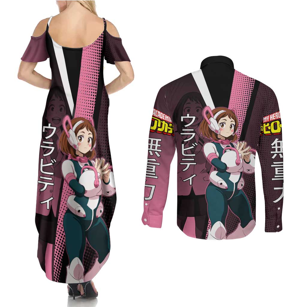 Ochaco Uraraka Uravity Couples Matching Summer Maxi Dress and Long Sleeve Button Shirt Japanese Comic Book Style