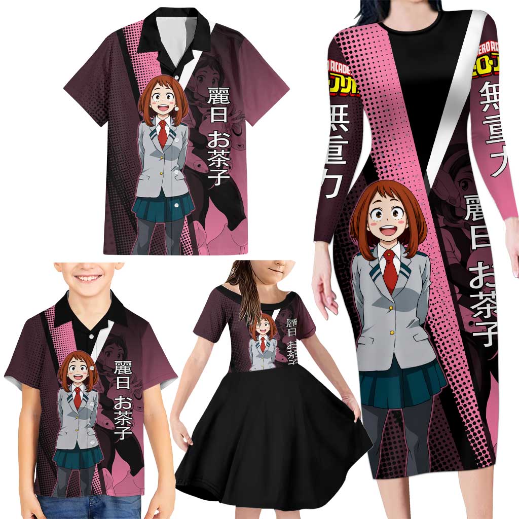 Ochaco Uraraka Uravity Family Matching Long Sleeve Bodycon Dress and Hawaiian Shirt Japanese Comic Book Style