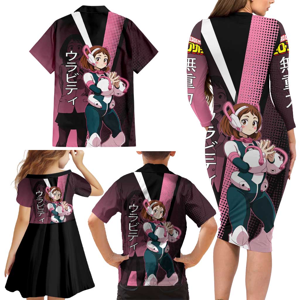 Ochaco Uraraka Uravity Family Matching Long Sleeve Bodycon Dress and Hawaiian Shirt Japanese Comic Book Style
