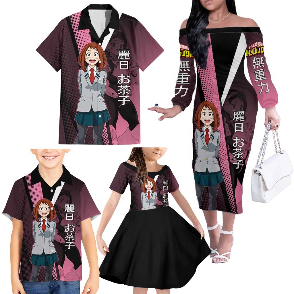 Ochaco Uraraka Uravity Family Matching Off The Shoulder Long Sleeve Dress and Hawaiian Shirt Japanese Comic Book Style