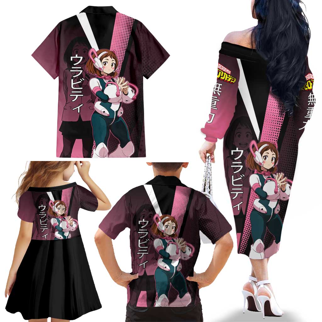 Ochaco Uraraka Uravity Family Matching Off The Shoulder Long Sleeve Dress and Hawaiian Shirt Japanese Comic Book Style