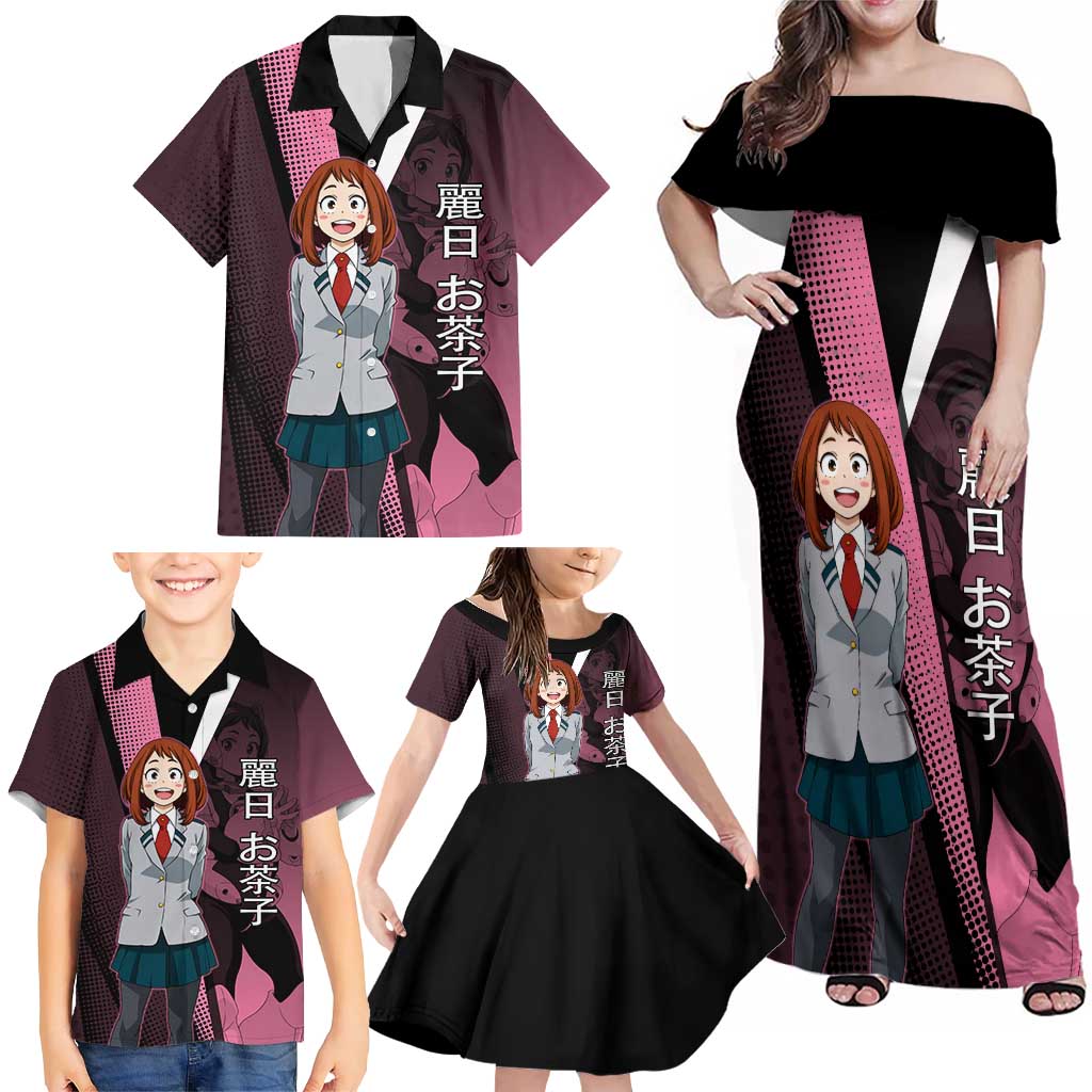 Ochaco Uraraka Uravity Family Matching Off Shoulder Maxi Dress and Hawaiian Shirt Japanese Comic Book Style