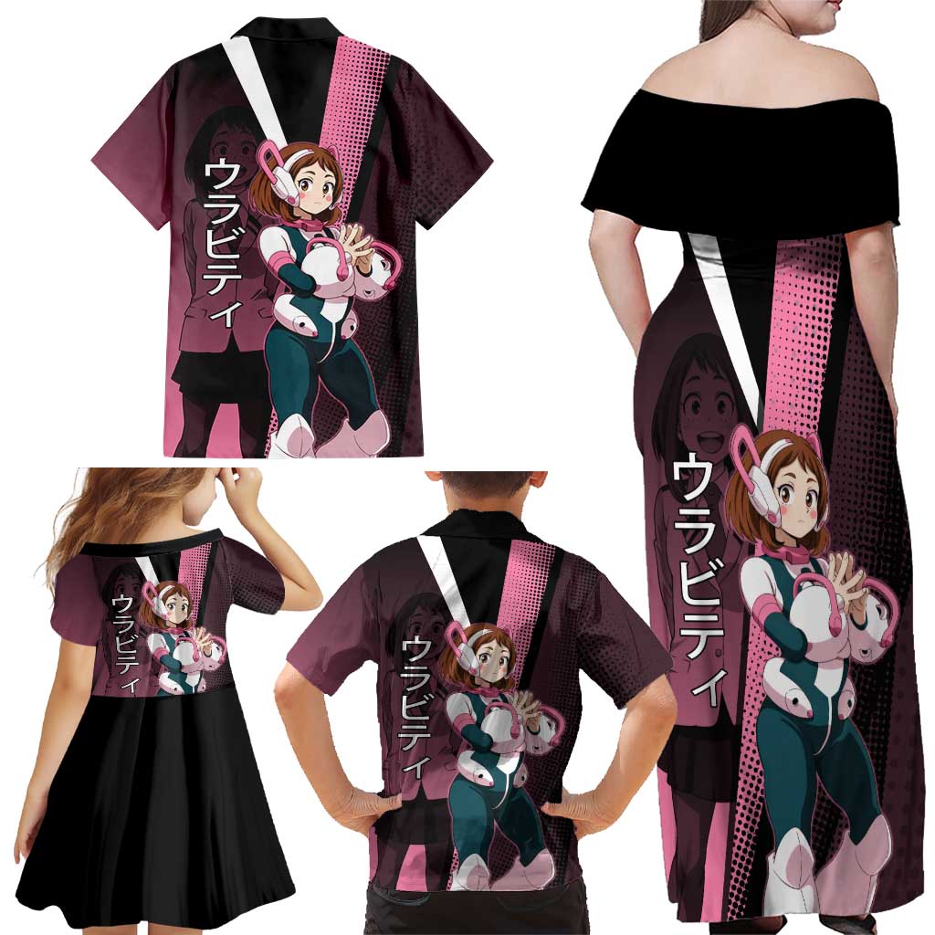 Ochaco Uraraka Uravity Family Matching Off Shoulder Maxi Dress and Hawaiian Shirt Japanese Comic Book Style