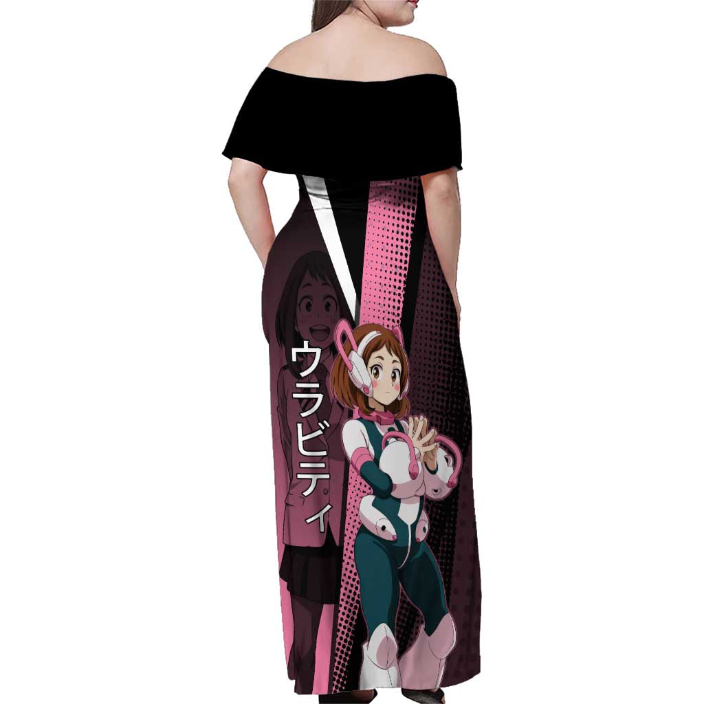 Ochaco Uraraka Uravity Family Matching Off Shoulder Maxi Dress and Hawaiian Shirt Japanese Comic Book Style