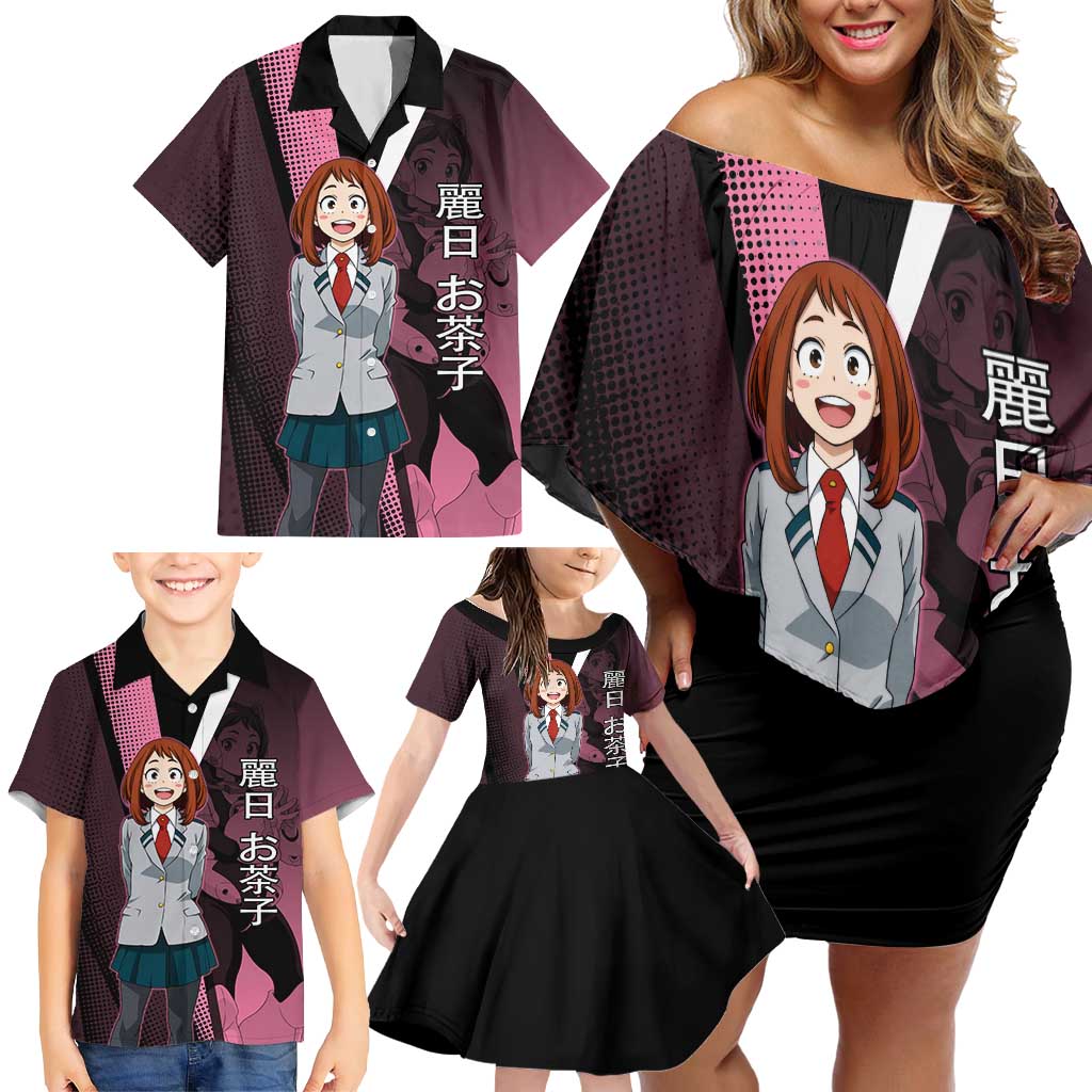 Ochaco Uraraka Uravity Family Matching Off Shoulder Short Dress and Hawaiian Shirt Japanese Comic Book Style