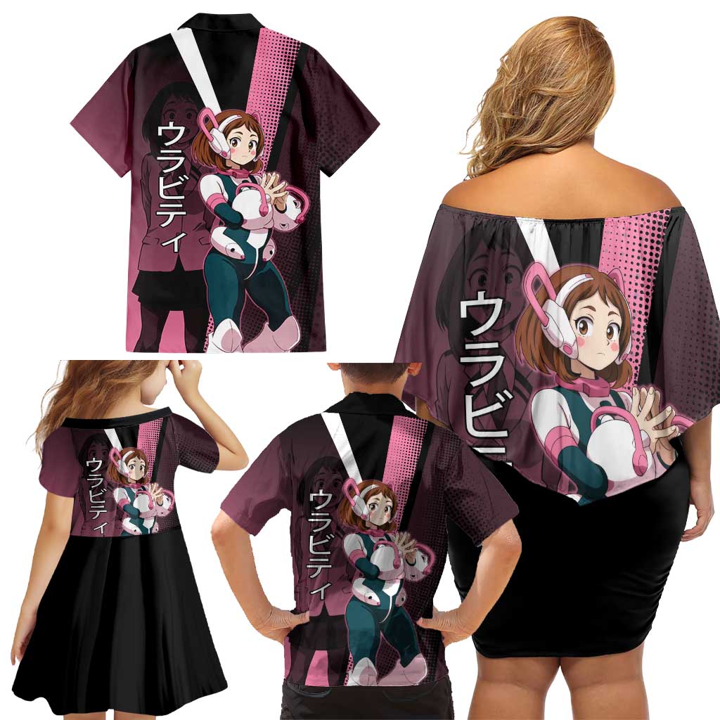 Ochaco Uraraka Uravity Family Matching Off Shoulder Short Dress and Hawaiian Shirt Japanese Comic Book Style