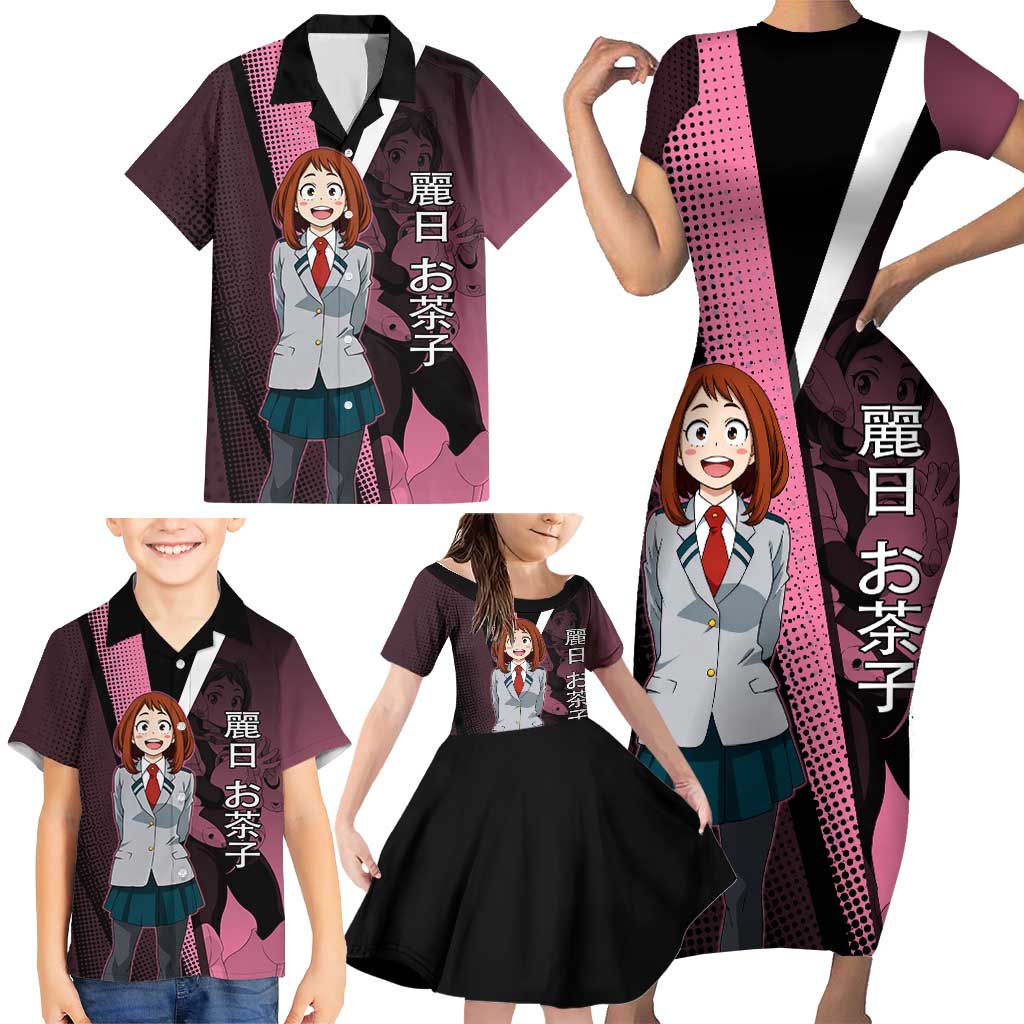 Ochaco Uraraka Uravity Family Matching Short Sleeve Bodycon Dress and Hawaiian Shirt Japanese Comic Book Style