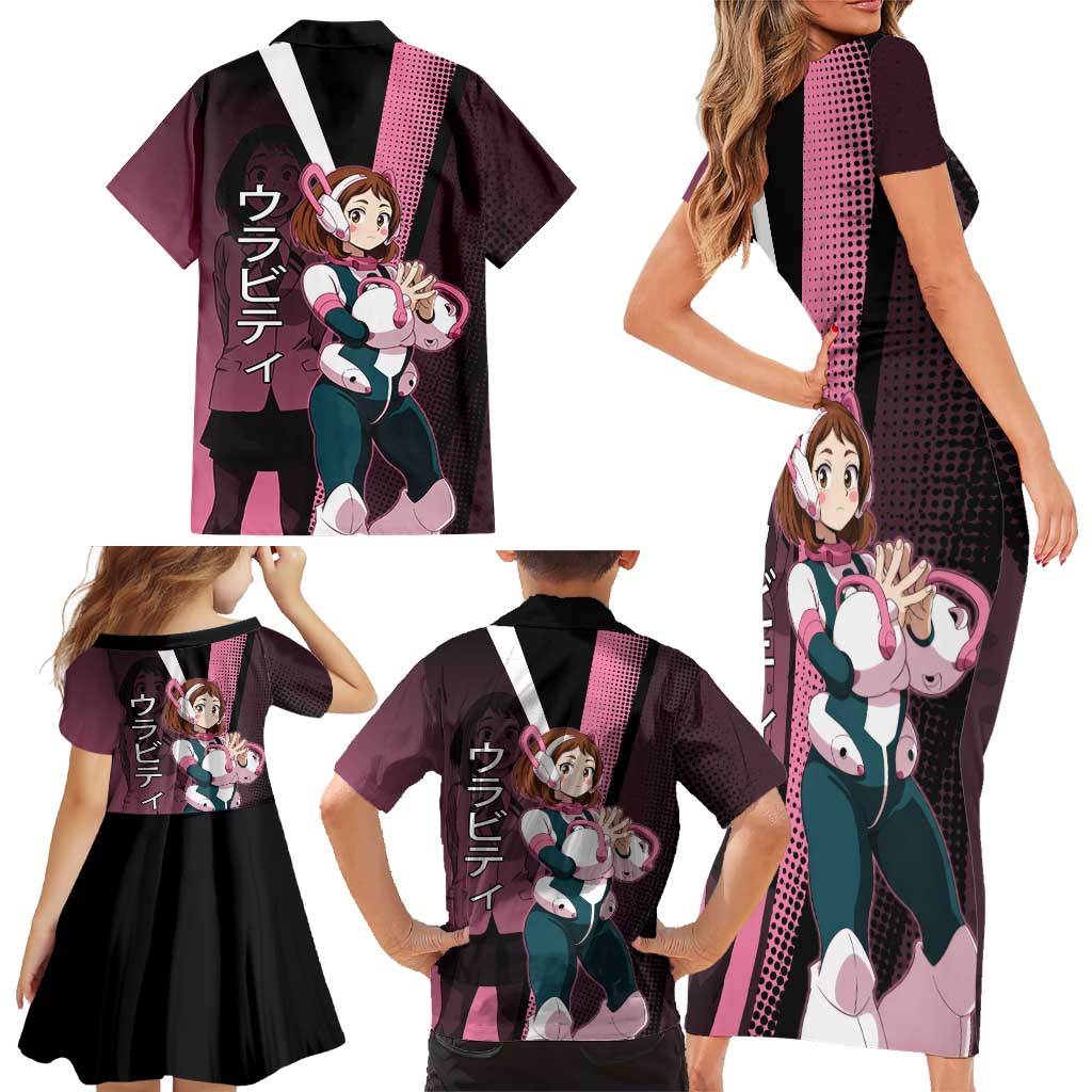 Ochaco Uraraka Uravity Family Matching Short Sleeve Bodycon Dress and Hawaiian Shirt Japanese Comic Book Style