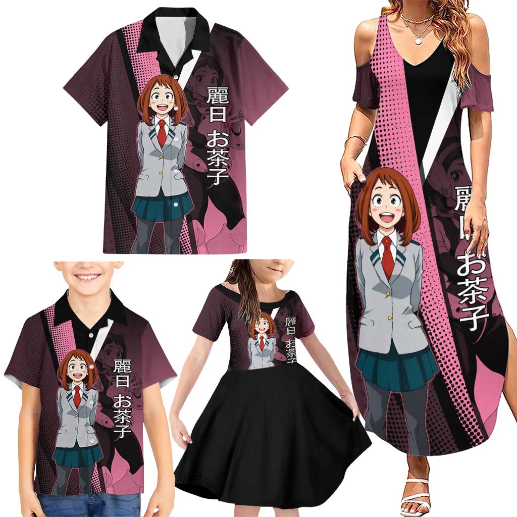 Ochaco Uraraka Uravity Family Matching Summer Maxi Dress and Hawaiian Shirt Japanese Comic Book Style