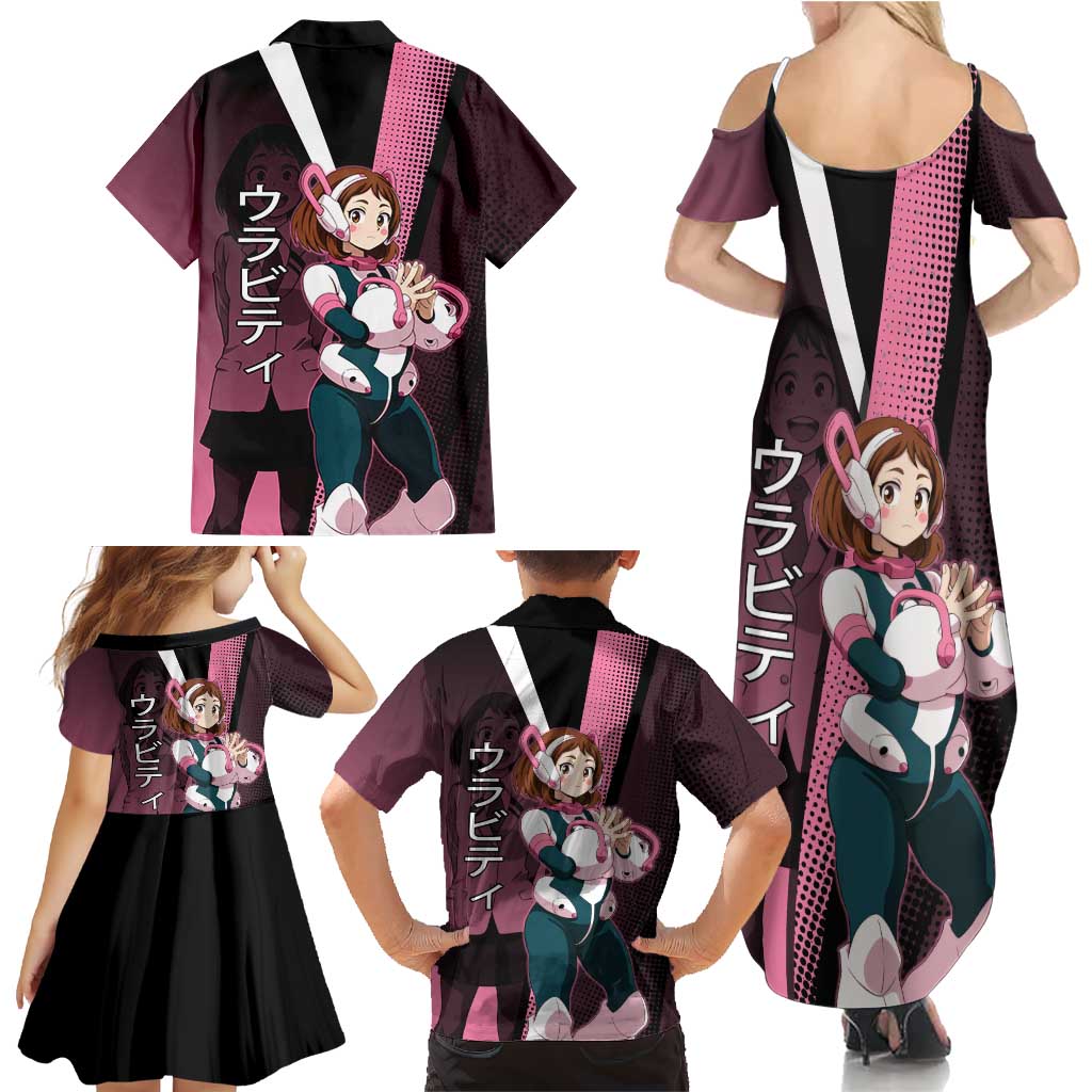 Ochaco Uraraka Uravity Family Matching Summer Maxi Dress and Hawaiian Shirt Japanese Comic Book Style
