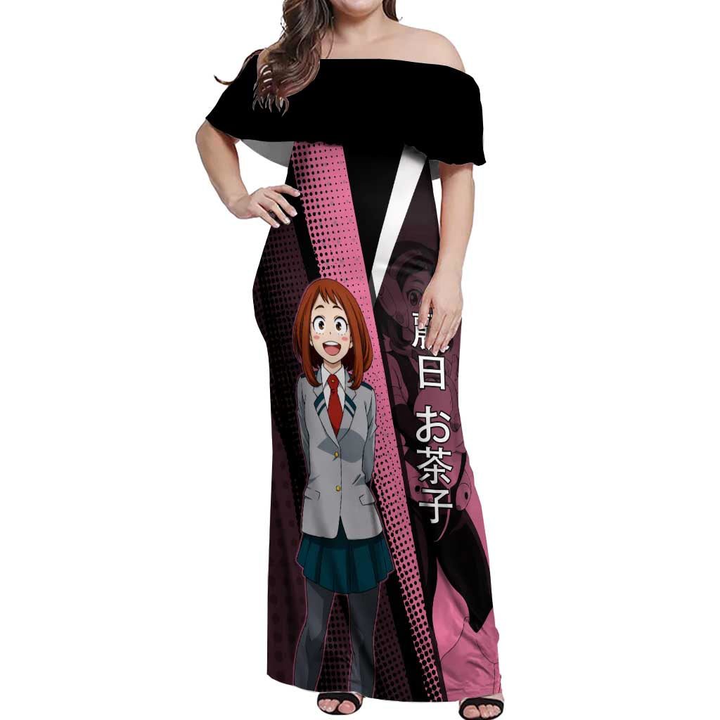Ochaco Uraraka Uravity Off Shoulder Maxi Dress Japanese Comic Book Style