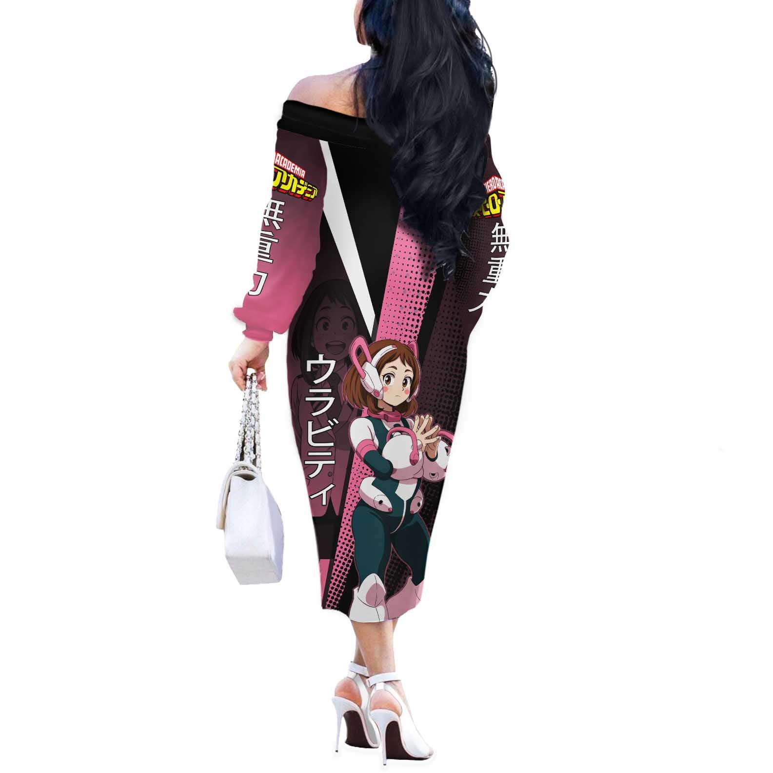 Ochaco Uraraka Uravity Off The Shoulder Long Sleeve Dress Japanese Comic Book Style