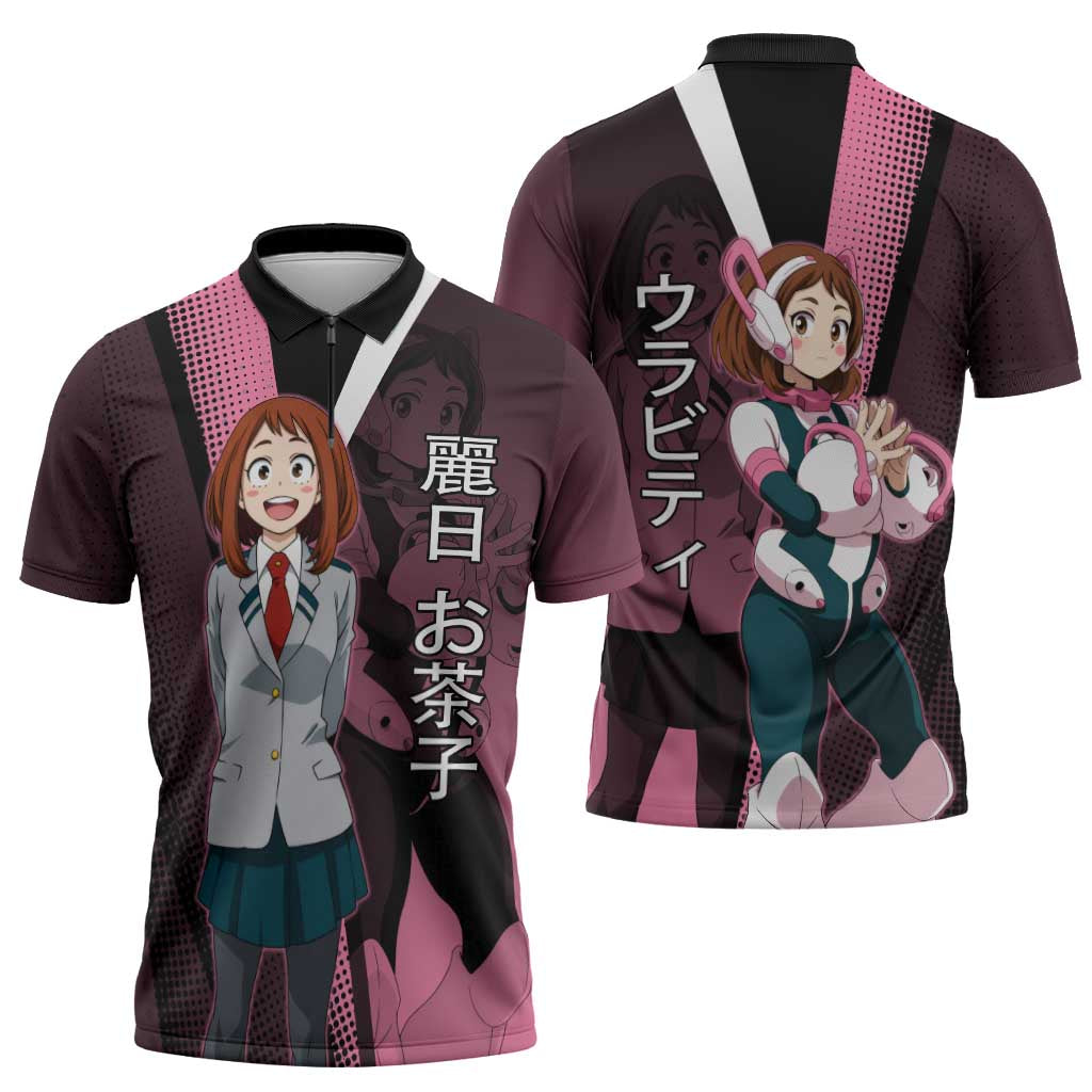 Ochaco Uraraka Uravity Zipper Polo Shirt Japanese Comic Book Style