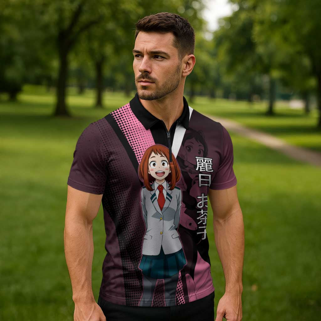 Ochaco Uraraka Uravity Zipper Polo Shirt Japanese Comic Book Style
