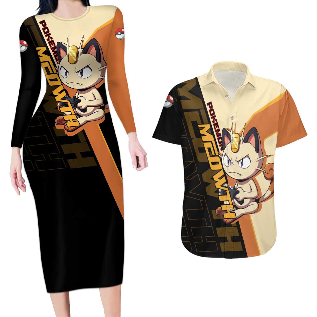 Meowth Poké Couples Matching Long Sleeve Bodycon Dress and Hawaiian Shirt Vintage Anime Cartoon Style