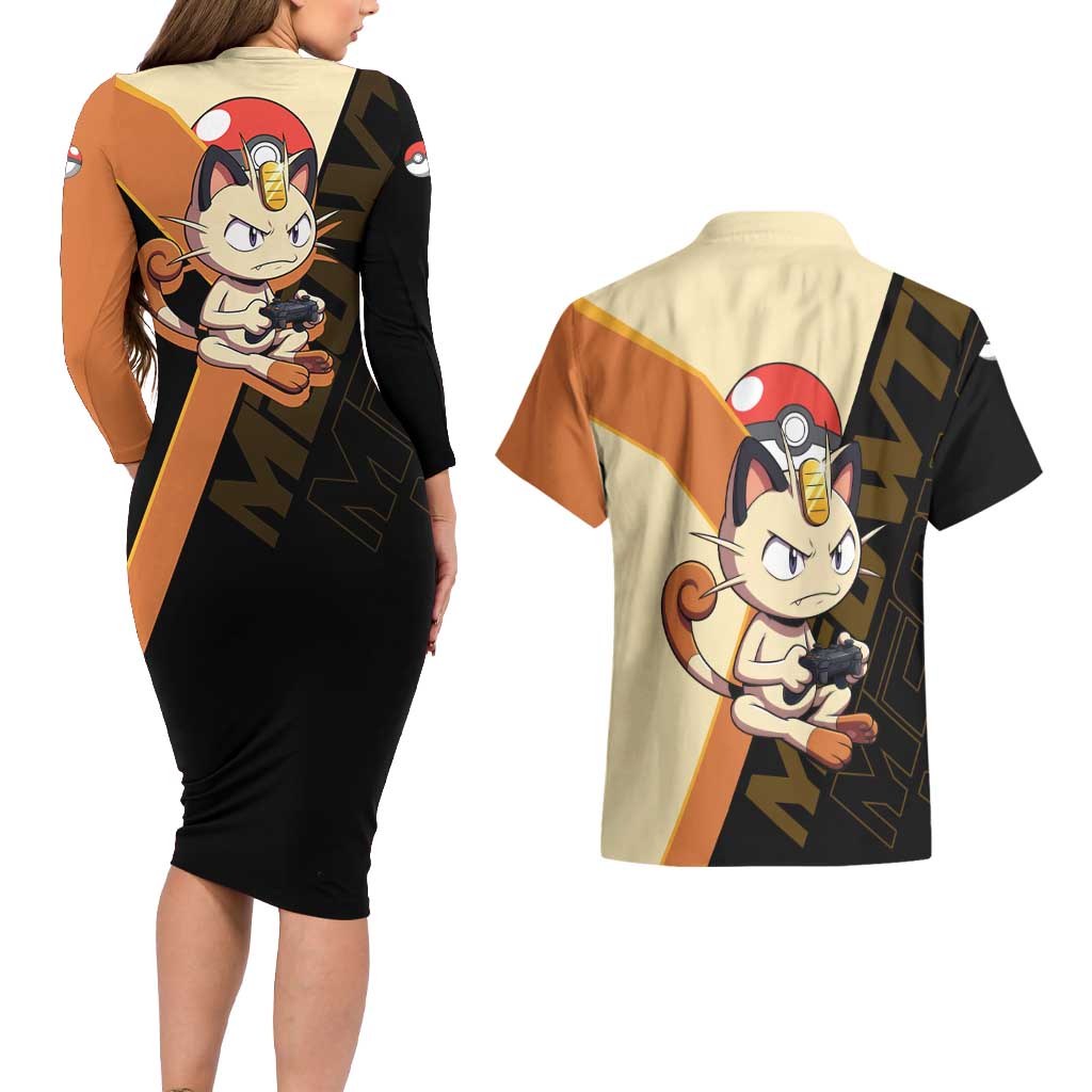 Meowth Poké Couples Matching Long Sleeve Bodycon Dress and Hawaiian Shirt Vintage Anime Cartoon Style