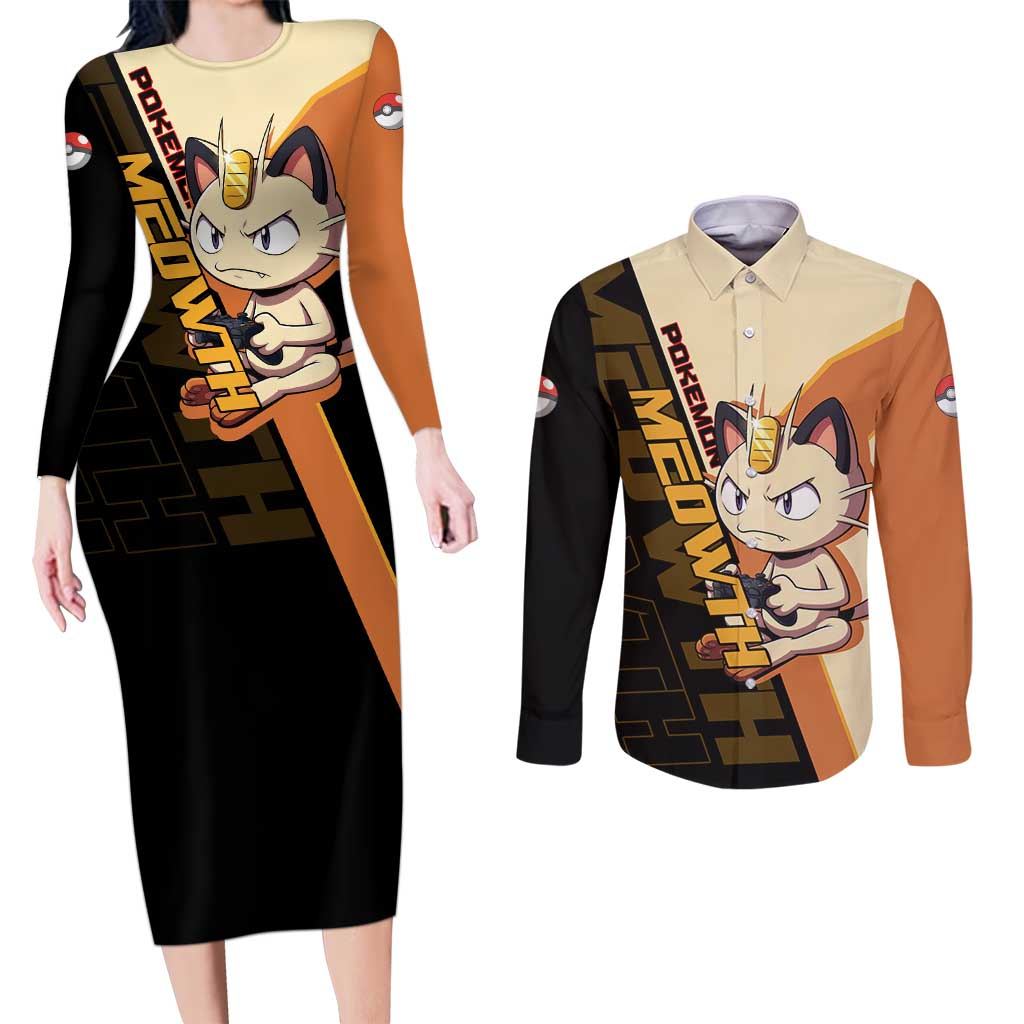 Meowth Poké Couples Matching Long Sleeve Bodycon Dress and Long Sleeve Button Shirt Vintage Anime Cartoon Style