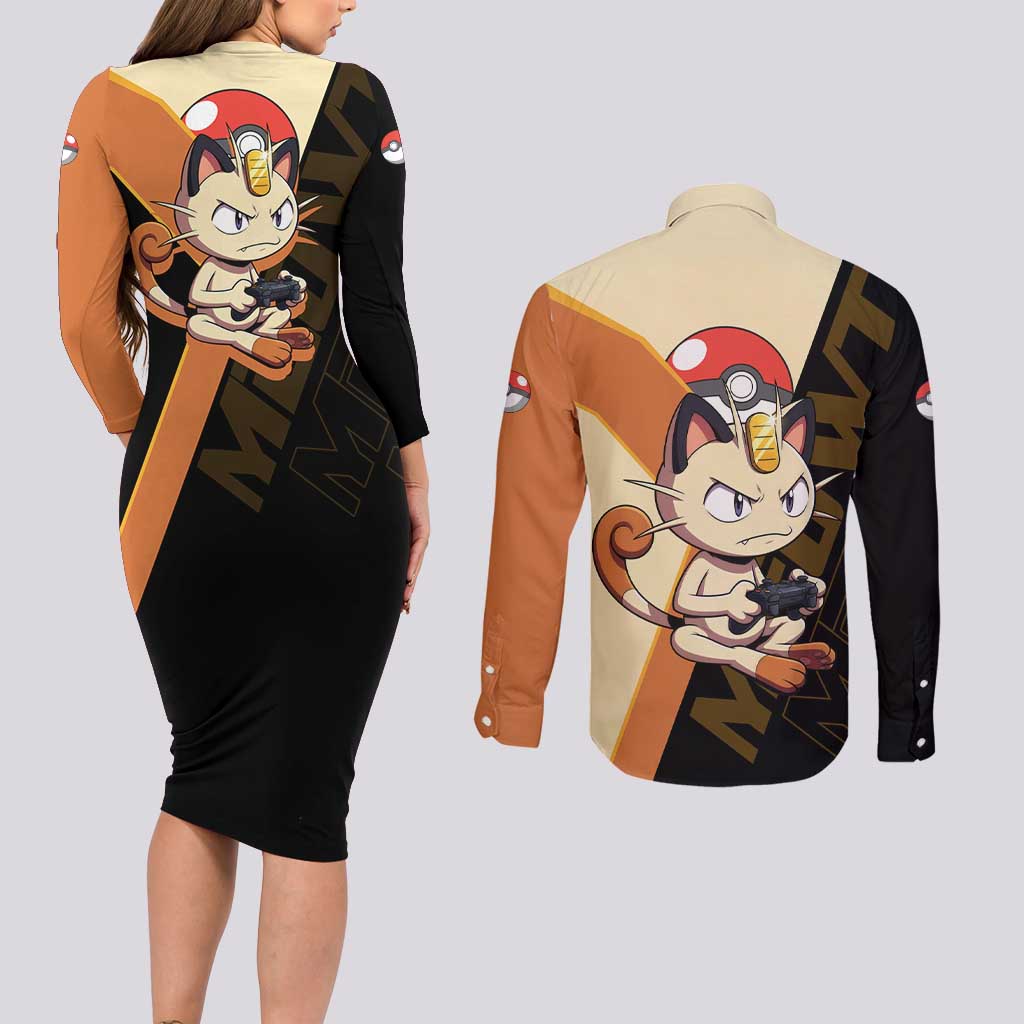 Meowth Poké Couples Matching Long Sleeve Bodycon Dress and Long Sleeve Button Shirt Vintage Anime Cartoon Style