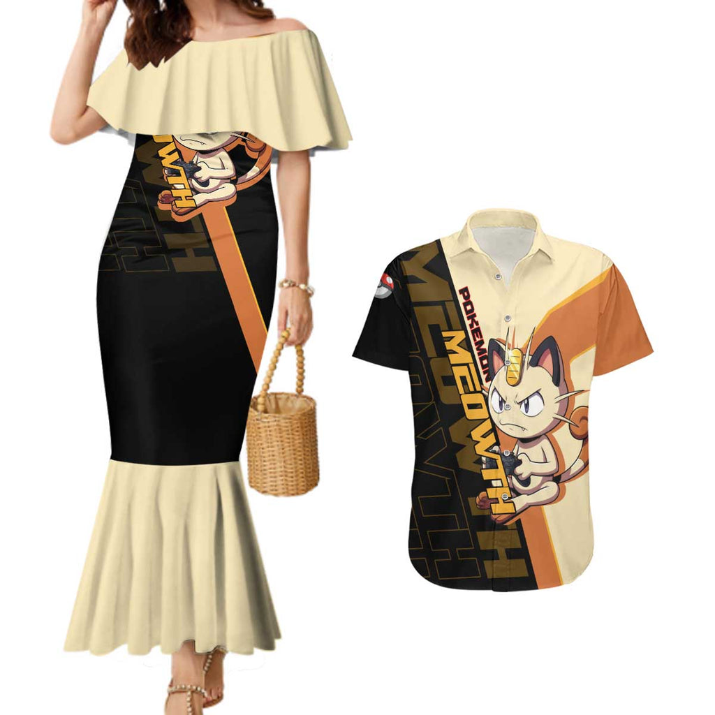 Meowth Poké Couples Matching Mermaid Dress and Hawaiian Shirt Vintage Anime Cartoon Style