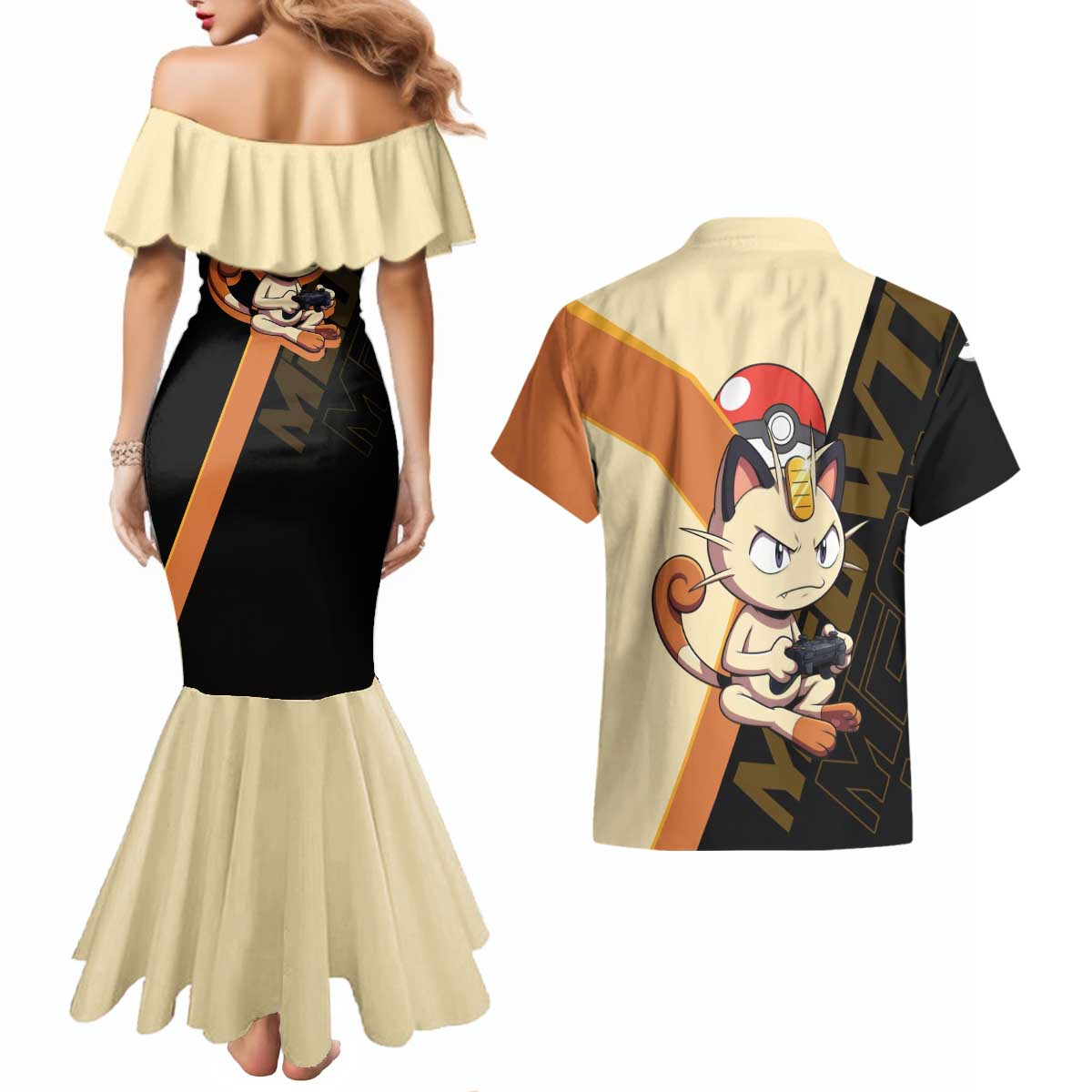 Meowth Poké Couples Matching Mermaid Dress and Hawaiian Shirt Vintage Anime Cartoon Style