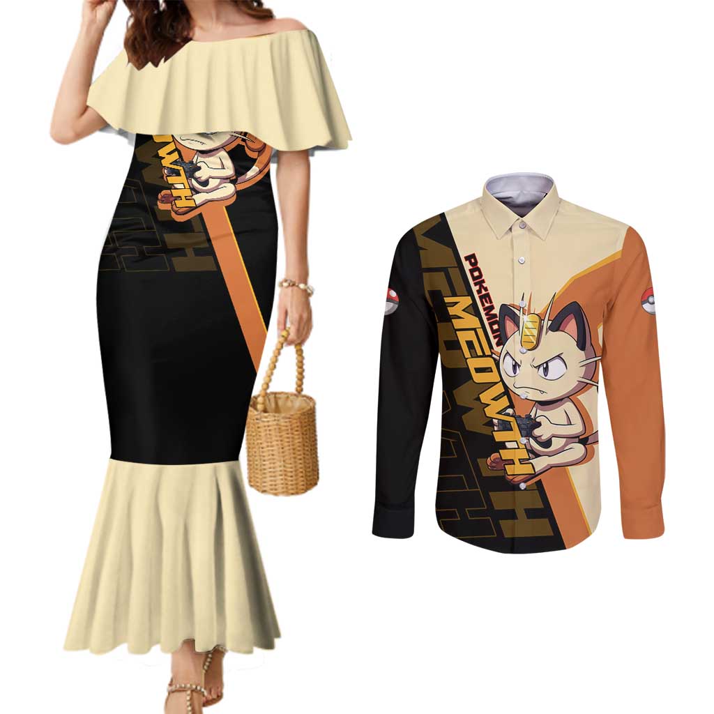 Meowth Poké Couples Matching Mermaid Dress and Long Sleeve Button Shirt Vintage Anime Cartoon Style