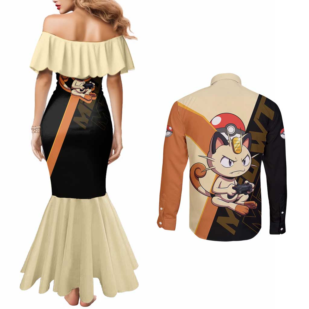 Meowth Poké Couples Matching Mermaid Dress and Long Sleeve Button Shirt Vintage Anime Cartoon Style