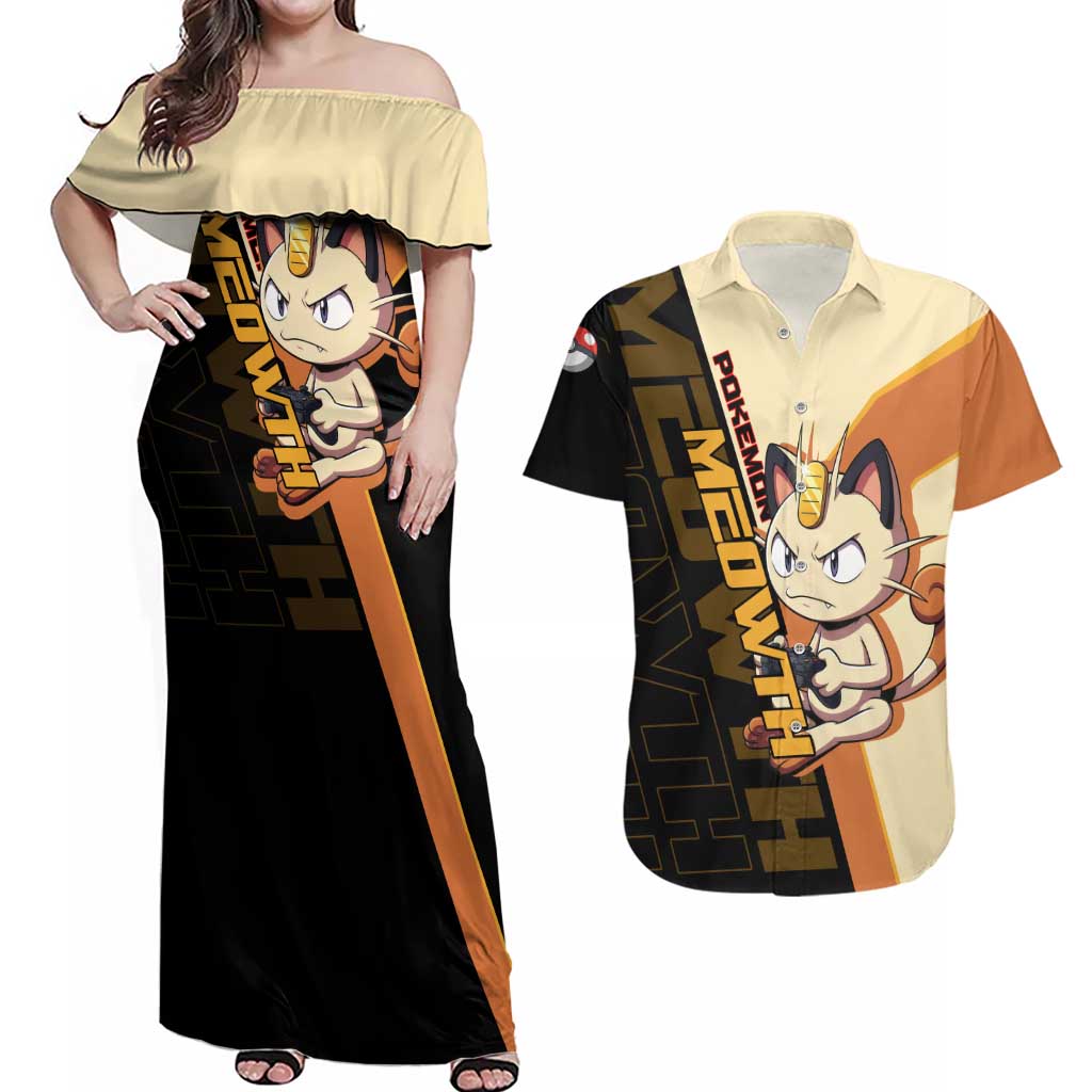 Meowth Poké Couples Matching Off Shoulder Maxi Dress and Hawaiian Shirt Vintage Anime Cartoon Style