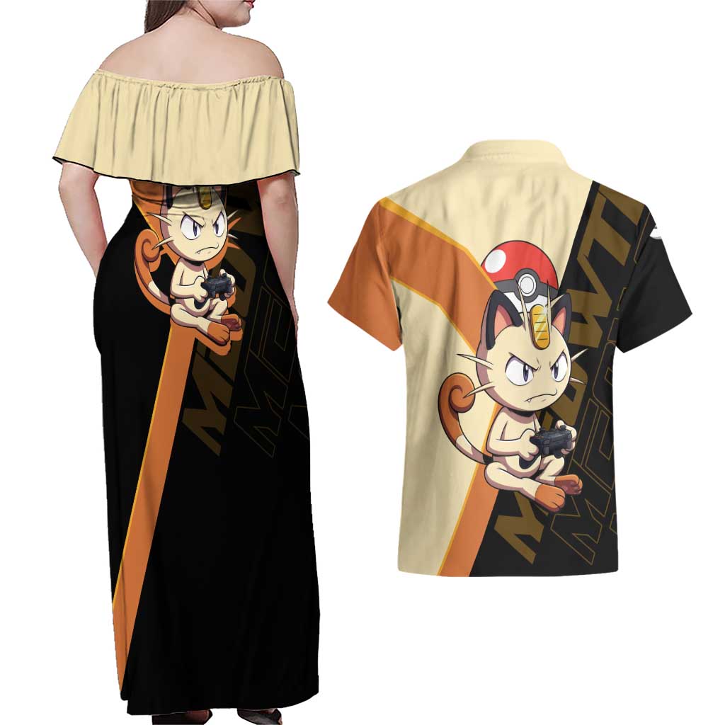 Meowth Poké Couples Matching Off Shoulder Maxi Dress and Hawaiian Shirt Vintage Anime Cartoon Style