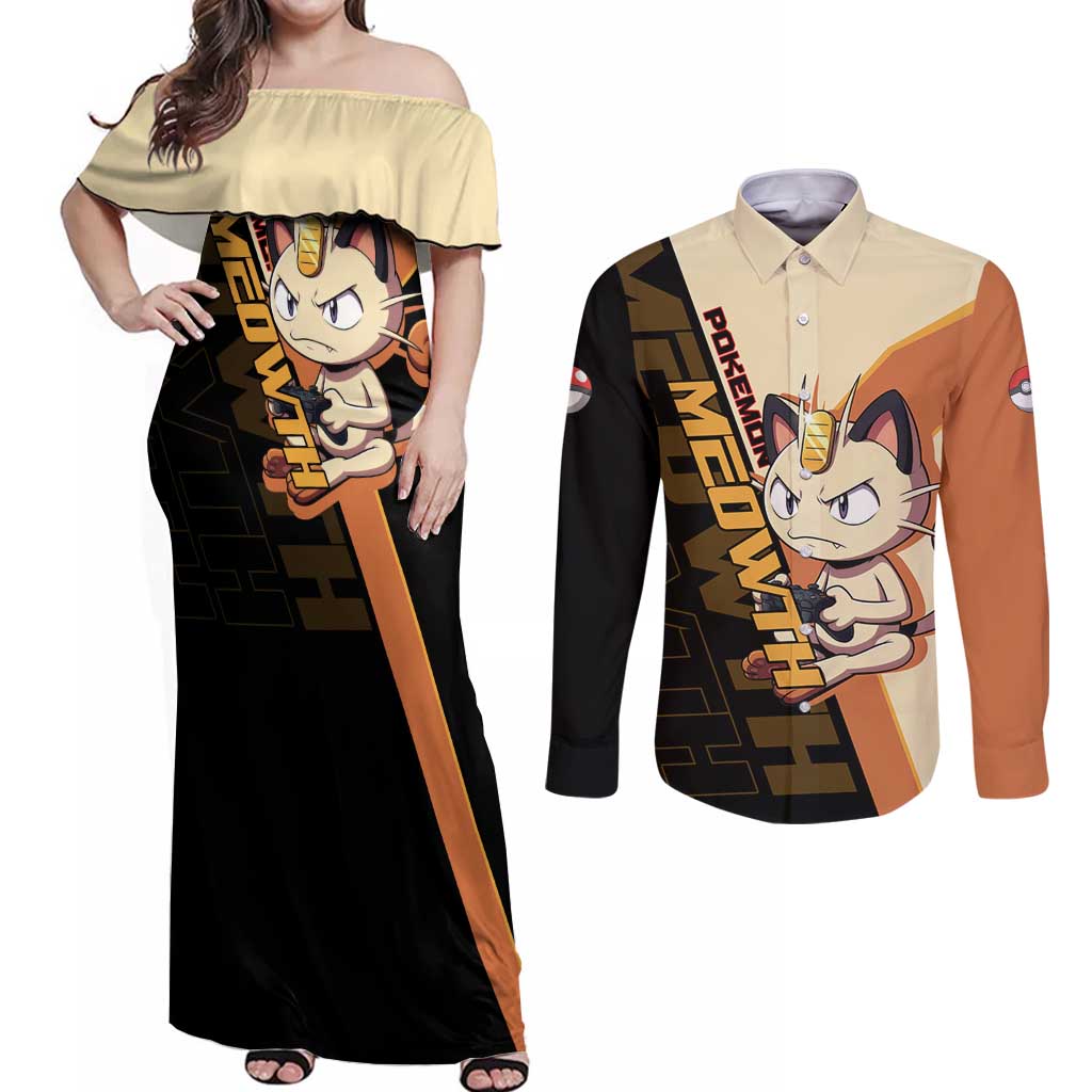 Meowth Poké Couples Matching Off Shoulder Maxi Dress and Long Sleeve Button Shirt Vintage Anime Cartoon Style