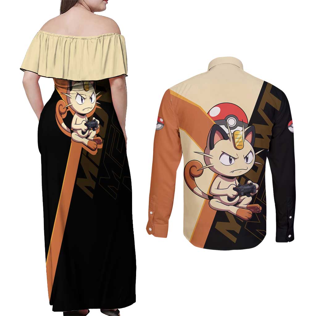 Meowth Poké Couples Matching Off Shoulder Maxi Dress and Long Sleeve Button Shirt Vintage Anime Cartoon Style